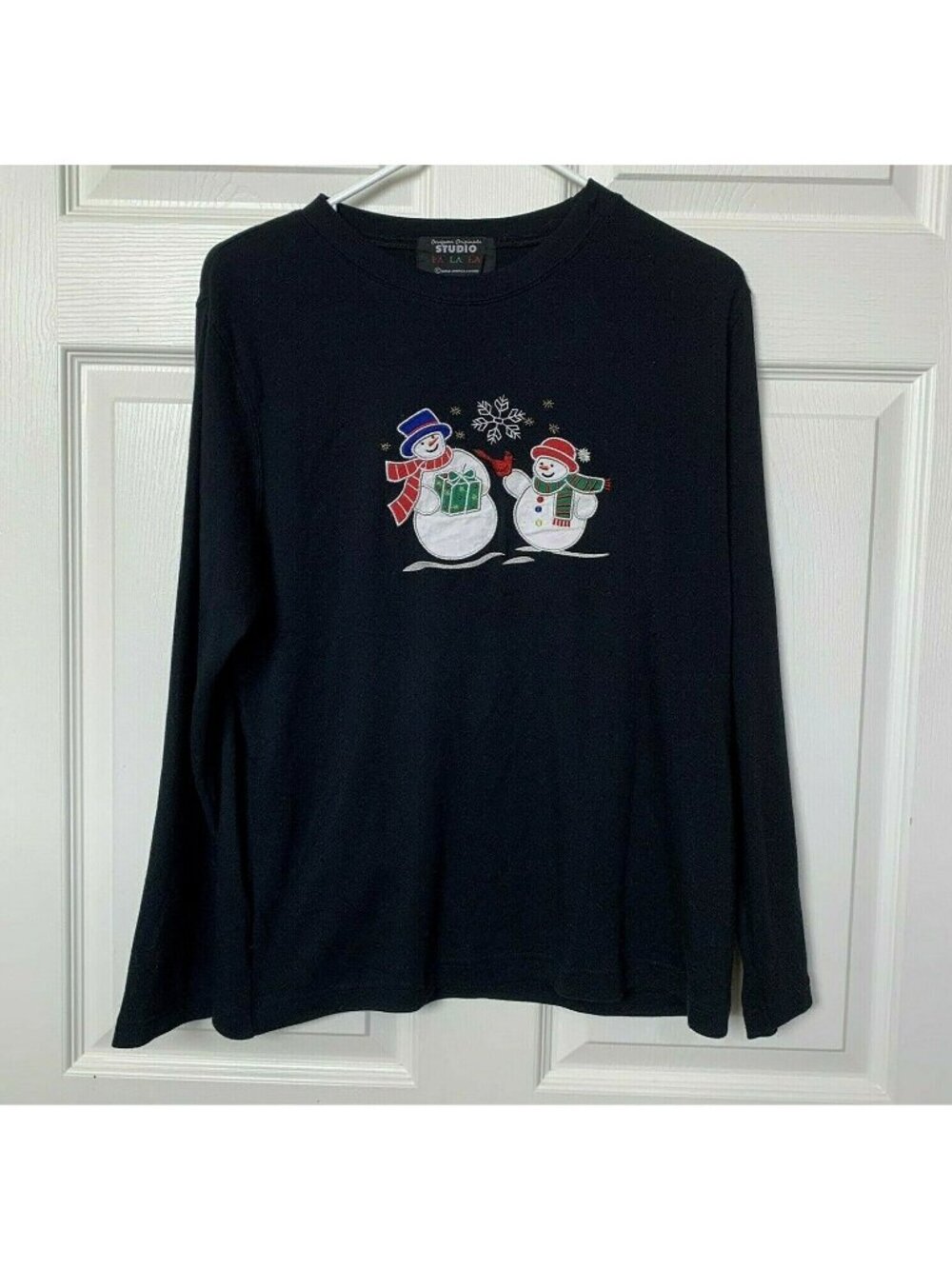Designers Originals Studio FA LA LA Women's Large Christmas Black Snowmen Shirt